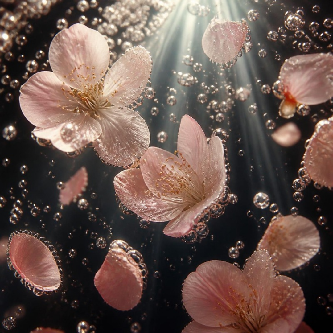 Cherry blossom petals suspended in clear water