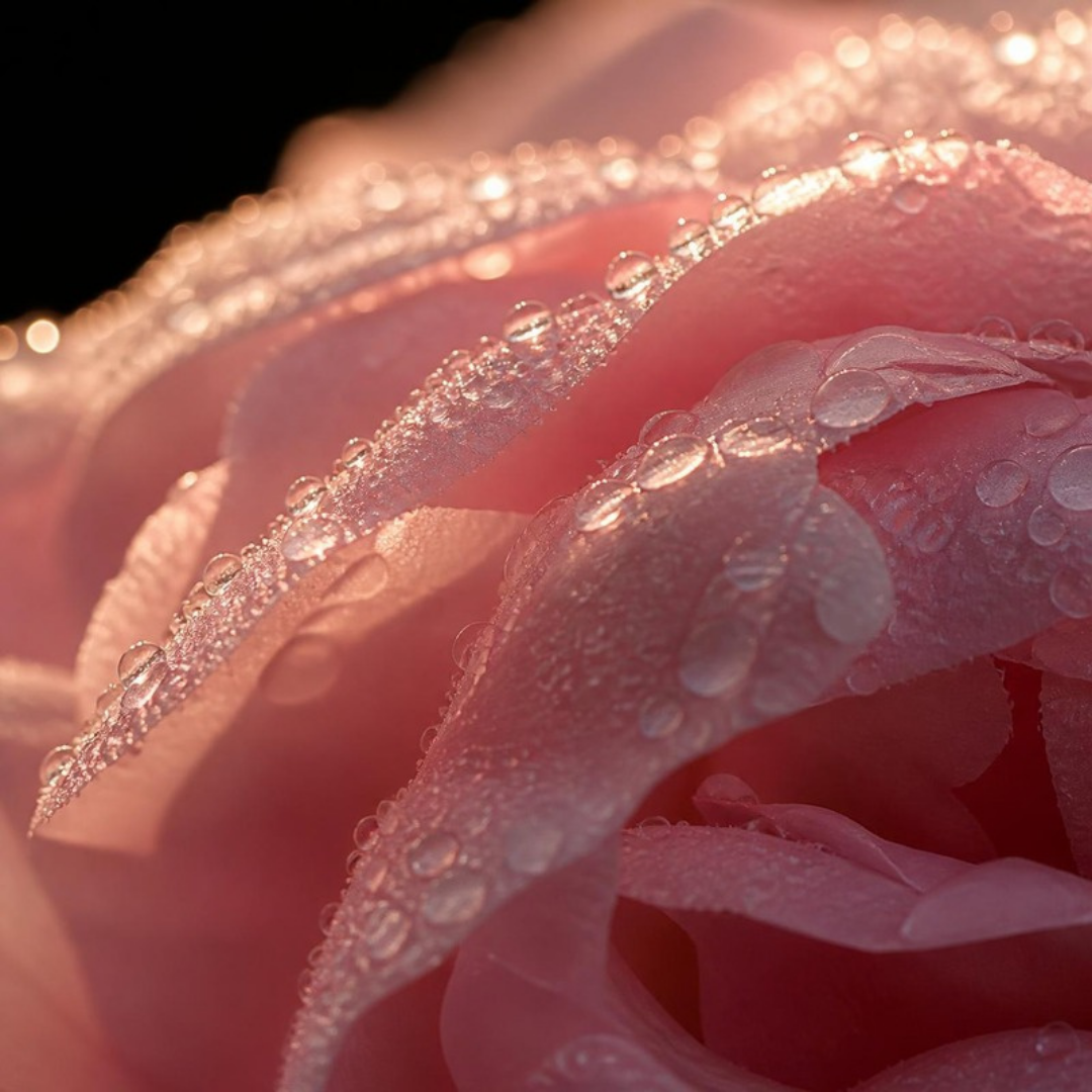 Dew-covered pale pink petals in soft golden light