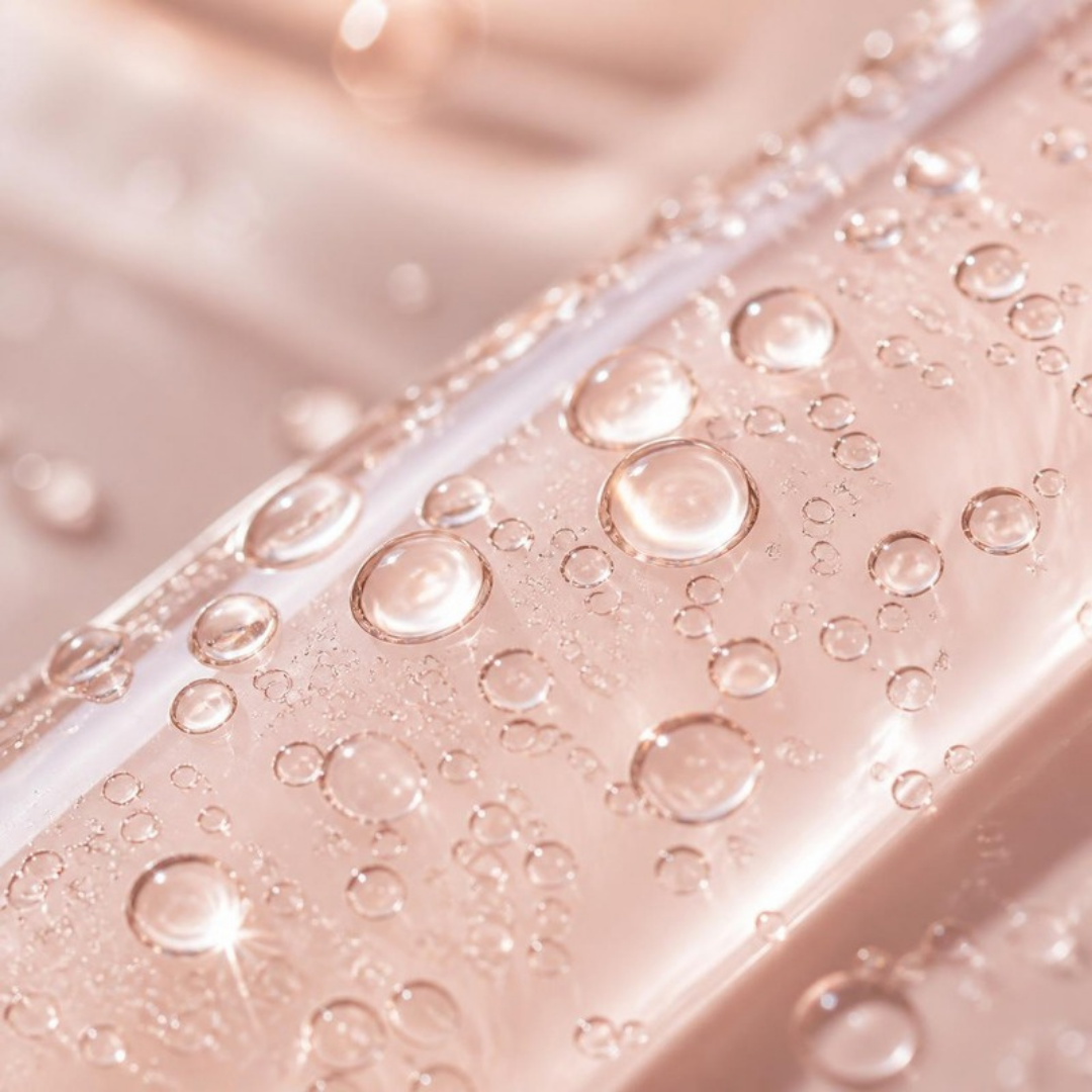 Water droplets beaded on a rose-gold surface in soft light