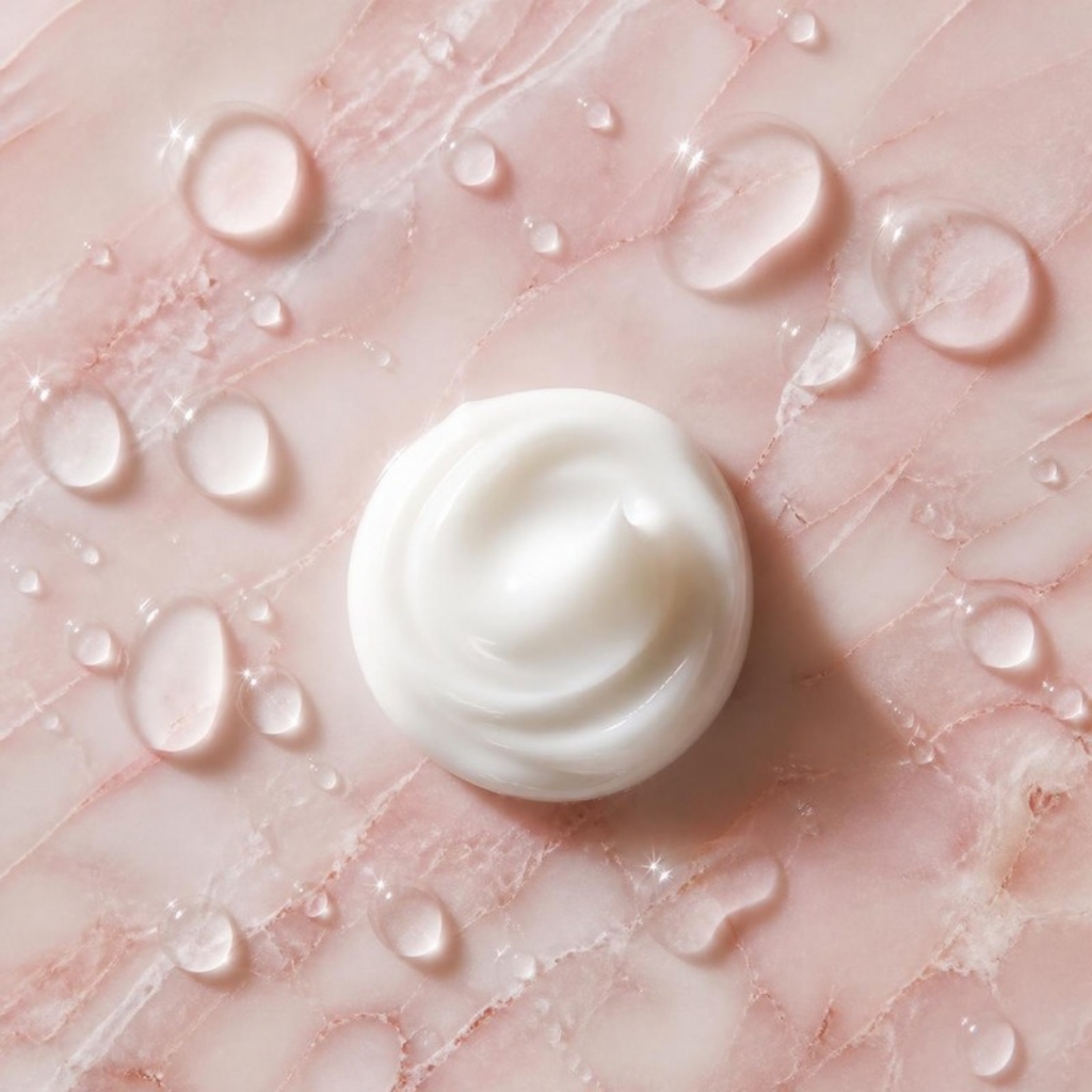 A swirl of white cream surrounded by water droplets on pink marble