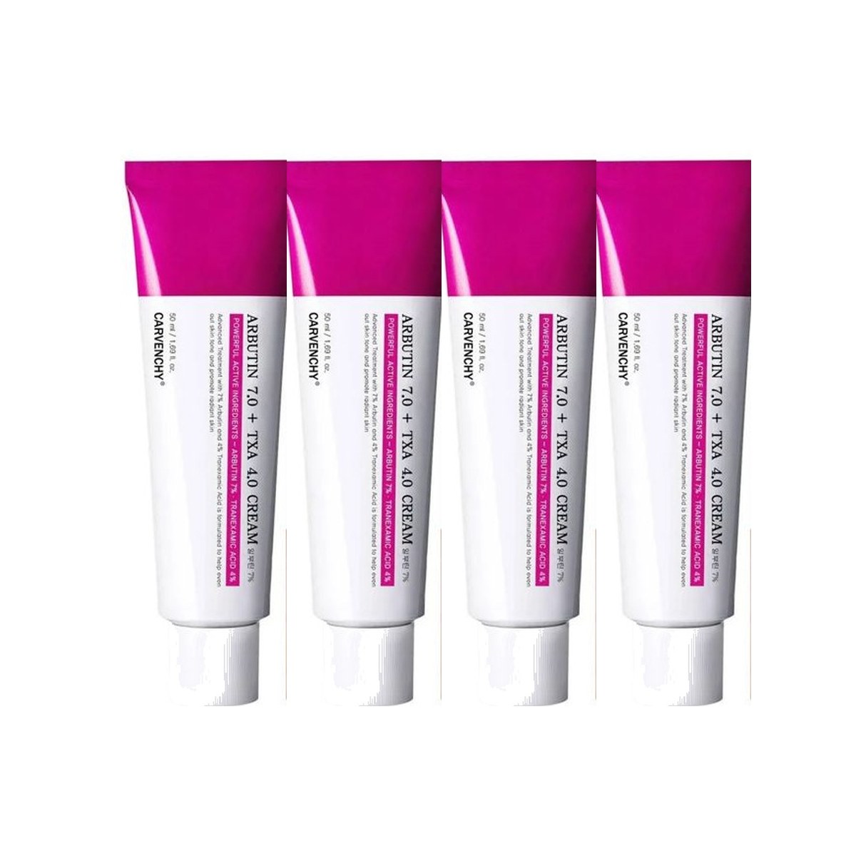Four tubes of Seoul Glow 7% Arbutin + 4% TXA Korean brightening cream — buy 3, get 1 free